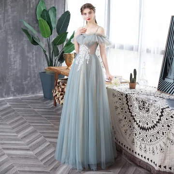 Abordable Bleu Ciel Transparentes Robe De Bal 2020 Princesse Volants Bretelles Spaghetti Appliques Sans Manches Dos Nu Longue Robe De Ceremonie