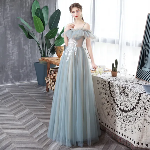 Affordable Sky Blue See-through Prom Dresses 2020 A-Line / Princess Ruffle Spaghetti Straps Appliques Sleeveless Backless Floor-Length / Long Formal Dresses