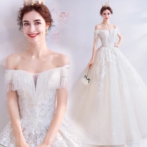Charming Ivory Wedding Dresses 2020 Ball Gown Off The Shoulder Beading Crystal Tassel Sequins Lace Flower Short Sleeve Backless Floor Length Long