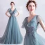 Élégant Bleu D'encre Robe De Bal 2020 Princesse V-Cou Perlage Paillettes En Dentelle Fleur Manches Courtes Dos Nu Train De Balayage Robe De Ceremonie