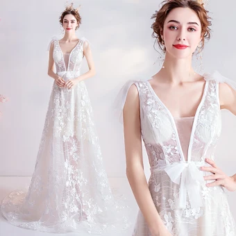 Abordable Ivoire Plage Robe De Mariée 2020 Princesse V Cou Noeud En Dentelle Fleur Sans Manches Dos Nu Tribunal Train