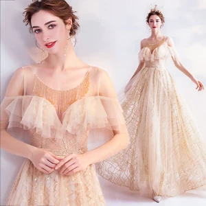 Charmant Doré Robe De Bal 2020 Princesse Encolure Dégagée Perlage Cristal Gland Paillettes Manches Courtes Dos Nu Longue Robe De Ceremonie