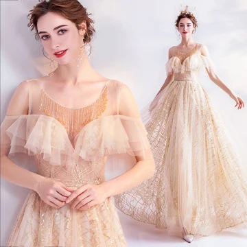 Charmant Doré Robe De Bal 2020 Princesse Encolure Dégagée Perlage Cristal Gland Paillettes Manches Courtes Dos Nu Longue Robe De Ceremonie