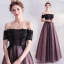 Charming Black Prom Dresses 2020 A-Line / Princess Off-The-Shoulder Crystal Lace Flower Short Sleeve Backless Floor-Length / Long Formal Dresses