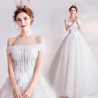 Affordable Ivory Wedding Dresses 2020 Ball Gown Off The Shoulder Crystal Lace Flower Appliques Sleeveless Backless Floor Length Long