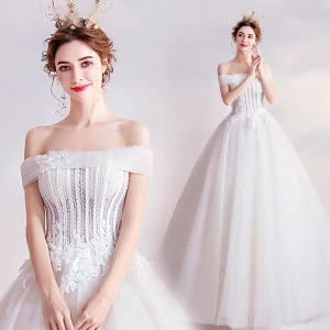 Abordable Ivoire Robe De Mariée 2020 Robe Boule De L 039 Épaule Cristal En Dentelle Fleur Appliques Sans Manches Dos Nu Longue