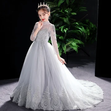 Elegant Grey Birthday Flower Girl Dresses 2021 A Line Princess High Neck Long Sleeve Beading Rhinestone Lace Flower Sweep Train