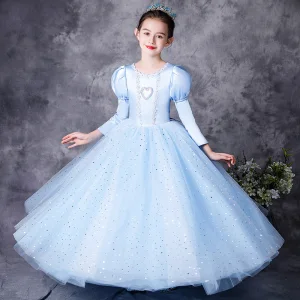 Medieval Vintage Retro Sky Blue Flower Girl Dresses 2021 A Line Princess Scoop Neck 3 4 Sleeve Heart Shaped Pearl Sequins Lace Flower Bow Floor Length Long