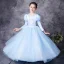 Médiévale Vintage / Originale Bleu Ciel Robe Ceremonie Fille 2021 Princesse Encolure Dégagée 3/4 Manches Forme de coeur Perle Paillettes En Dentelle Fleur Noeud Longue