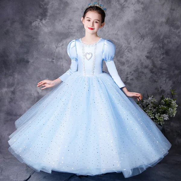 Medieval Vintage / Retro Sky Blue Flower Girl Dresses 2021 A-Line / Princess Scoop Neck 3/4 Sleeve Heart-shaped Pearl Sequins Lace Flower Bow Floor-