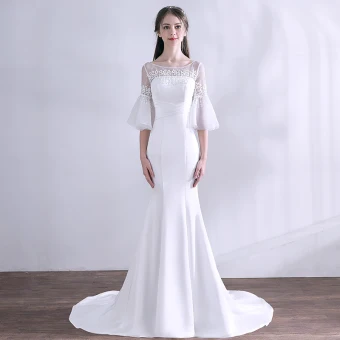 Modest Simple White Wedding Dresses 2018 Trumpet Mermaid Lace Beading Scoop Neck 1 2 Sleeves Backless Sweep Train Wedding