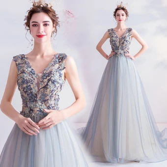 Elegante Hemelsblauw Galajurken 2020 A Lijn V Hals Kralen Rhinestone Kant Bloem Mouwloos Ruglooze Sweep Trein Gelegenheid Jurken