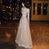 Sparkly Rose Gold Evening Dresses  2020 A-Line / Princess Spaghetti Straps Glitter Sequins Sleeveless Backless Floor-Length / Long Formal Dresses