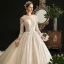 Charming Champagne Ball Gown Glitter Wedding Dresses 2020 Scoop Neck Beading Sequins Lace Flower 3/4 Sleeve Backless Cathedral Train