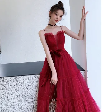 Hermoso Borgoña Vestidos De Noche 2020 A Line Princess Spaghetti Straps Suede Bowknot Sin Mangas Sin Espalda Ruffle Lentejuelas Largos Vestidos Formales