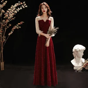 Mode Bordeaux Robe De Soirée 2020 Princesse V Cou Glitter Perlage Étoile Paillettes 3 4 Manches Longue Robe De Ceremonie