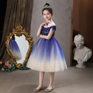 Vintage Originale Bleu Roi En Dentelle Paillettes Anniversaire Robe Ceremonie Fille 2021 Princesse Encolure Dégagée Manches Courtes Thé Longueur