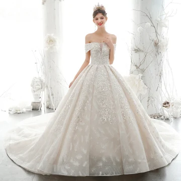 Luxury Gorgeous Off The Shoulder Wedding Dresses 2020 Ball Gown Beading Lace Flower Appliques Glitter Sequins Sleeveless Backless Royal Train