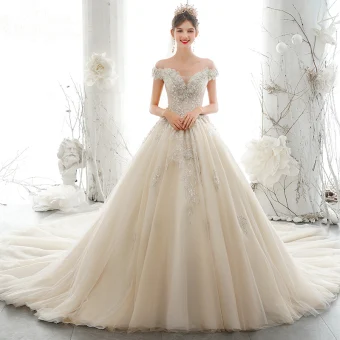 Luxury Gorgeous Champagne Wedding Dresses 2020 A Line Princess Off The Shoulder Sequins Beading Pearl Lace Flower Appliques Sleeveless Backless Royal Train