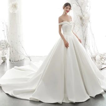 Haut De Gamme Ivoire Satin Robe De Mariée 2020 Princesse De L Épaule Perle Sans Manches Dos Nu Royal Train