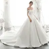 High-end Ivory Satin Wedding Dresses 2020 A-Line / Princess Off-The-Shoulder Pearl Sleeveless Backless Royal Train