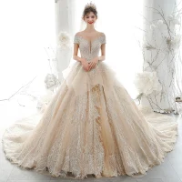 Luxus / Herrlich High End Champagner Brautkleider / Hochzeitskleider 2020 Ballkleid Perlenstickerei Perle Strass Spitze Blumen Rundhalsausschnitt Kurze Ärmel Rückenfreies Königliche Schleppe