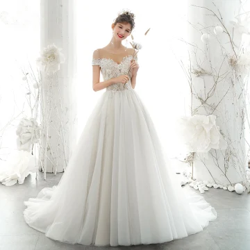 Eleganta Elfenben Bröllopsklänningar 2020 Prinsessa Urringning Beading Pärla Rhinestone Spets Blomma Korta Ärm Halterneck Chapel Train