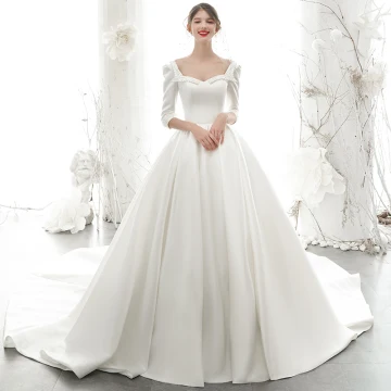 Modest Simple Ivory Satin Wedding Dresses 2020 A Line Princess Square Neckline Beading Pearl 1 2 Sleeves Backless Cathedral Train