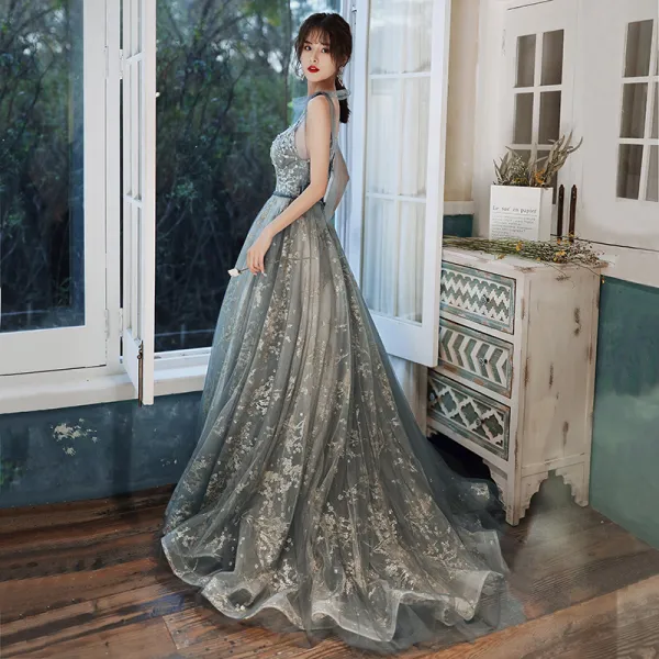 Charming Evening Dresses  2020 A-Line / Princess V-Neck Glitter Beading Rhinestone Sequins Sleeveless Backless Sweep Train Formal Dresses