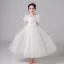 Chic / Beautiful Ivory Wedding Flower Girl Dresses 2021 A-Line / Princess Square Neckline Pearl Bow Short Sleeve Floor-Length / Long Wedding Party Dresses
