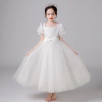 Chic / Beautiful Ivory Wedding Flower Girl Dresses 2021 A-Line / Princess Square Neckline Pearl Bow Short Sleeve Floor-Length / Long Wedding Party Dresses