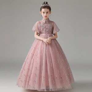Élégant Rougissant Rose Anniversaire Robe Ceremonie Fille 2021 Princesse Col Haut Perlage Paillettes En Dentelle Fleur Manches Courtes Ceinture Longue