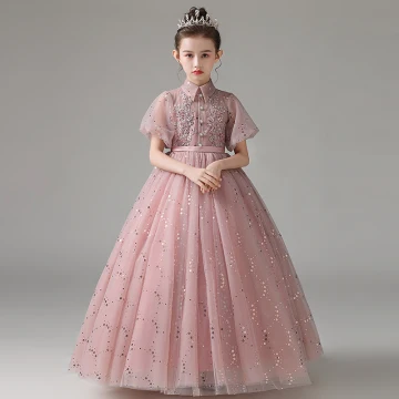 Élégant Rougissant Rose Anniversaire Robe Ceremonie Fille 2021 Princesse Col Haut Perlage Paillettes En Dentelle Fleur Manches Courtes Ceinture Longue
