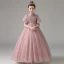 Elegant Blushing Pink Birthday Flower Girl Dresses 2021 A-Line / Princess High Neck Beading Sequins Lace Flower Short Sleeve Sash Floor-Length / Long