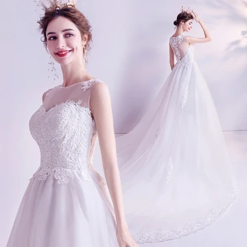 Abordable Ivoire Robe De Mariée 2020 Princesse Encolure Dégagée En Dentelle Fleur Sans Manches Chapel Train