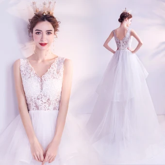 Affordable White Wedding Dresses 2020 A Line Princess V Neck Lace Flower Sleeveless Backless Cascading Ruffles Sweep Train