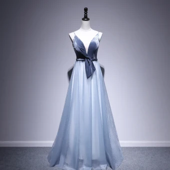 Chic Belle Bleu D Encre Robe De Soirée 2020 Princesse Daim Bretelles Spaghetti Sans Manches Dos Nu Longue Robe De Ceremonie