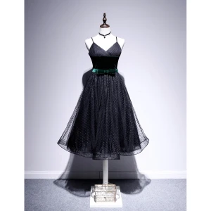 Fashion Black Homecoming Spotted Little Black Dress 2020 A Line Princess Spaghetti Straps Suede Bow Sleeveless Backless Tea Length Graduation Dresses