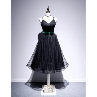 Fashion Black Homecoming Spotted Little Black Dress 2020 A Line Princess Spaghetti Straps Suede Bow Sleeveless Backless Tea Length Graduation Dresses