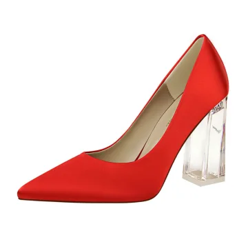 Chic Belle Rouge Désinvolte Satin Escarpins 2020 10 Cm Cristal Talons Épais À Bout Pointu Escarpins