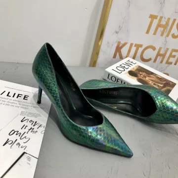 Elegante Verde Oscuro Rave Club Cuero Tacones 2020 Snakeskin Imprimir 7 Cm Stilettos Tacones De Aguja Punta Estrecha Tacones