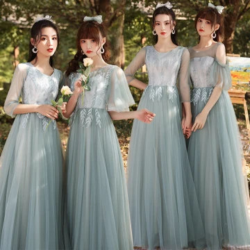 Modest Simple Sage Green Embroidered Bridesmaid Dresses 2021 A Line Princess V Neck 3 4 Sleeve Backless Floor Length Long Bridesmaid Wedding Party Dresses