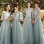 Modest / Simple Sage Green Embroidered Bridesmaid Dresses 2021 A-Line / Princess V-Neck 3/4 Sleeve Backless Floor-Length / Long Bridesmaid Wedding Party Dresses
