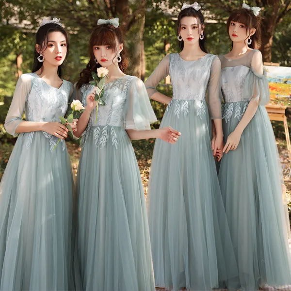 Modest / Simple Sage Green Embroidered Bridesmaid Dresses 2021 A-Line / Princess V-Neck 3/4 Sleeve Backless Floor-Length / Long Bridesmaid Wedding Party Dresses