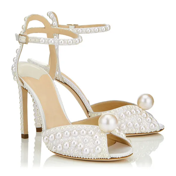 Charming Ivory Pearl Wedding Sandals 2020 Leather Ankle Strap 10 cm Stiletto Heels Open / Peep Toe Wedding Shoes