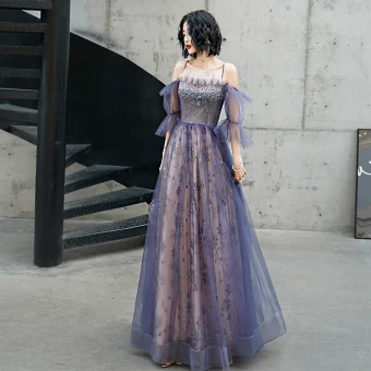 Charming Purple Evening Dresses 2020 Ball Gown A Line Princess Spaghetti Straps Beading Lace Sequins Flower Short Sleeve Backless Floor Length Long Formal Dresses