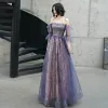 Charming Purple Evening Dresses  2020 Ball Gown A-Line / Princess Spaghetti Straps Beading Lace Sequins Flower Short Sleeve Backless Floor-Length / Long Formal Dresses