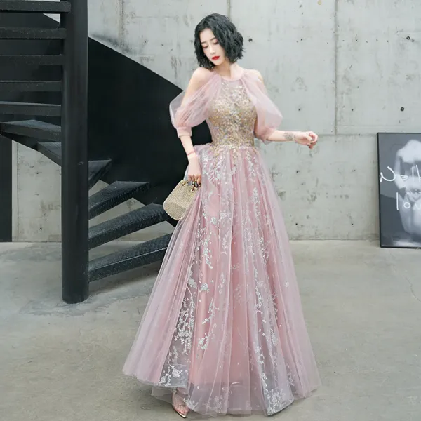 Mode Rougissant Rose Robe De Soirée 2020 Princesse Titulaire Perlage Glitter Paillettes En Dentelle Fleur Manches Courtes Dos Nu Longue Robe De Ceremonie