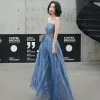 Charming Ocean Blue Evening Dresses  2020 A-Line / Princess Strapless Glitter Beading Sequins Sleeveless Backless Floor-Length / Long Formal Dresses