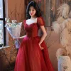Fashion Red Prom Dresses 2021 A-Line / Princess Scoop Neck Beading Crystal Sequins Short Sleeve Backless Floor-Length / Long Prom Formal Dresses